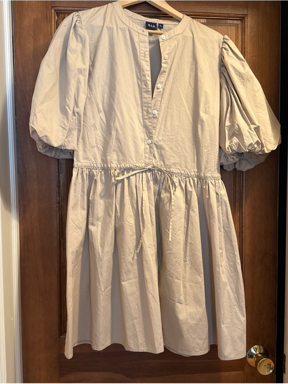 GAP Neutral Puff-Sleeve Button-Front Mini Dress